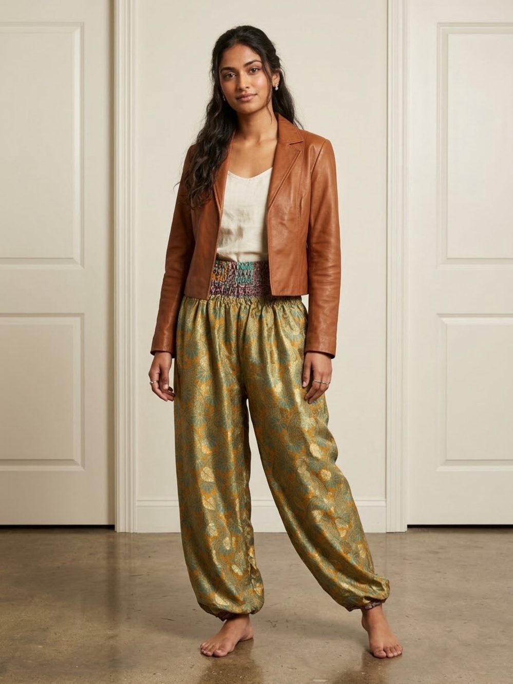 India Boutique Boho Pleated Balloon Pants Gold Teal Harem Trousers OS